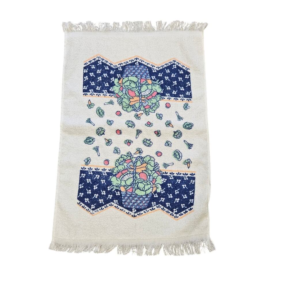Vtg Stevens Vegetable Print Kitchen Dish Towel Easter Spring USA Fringe Boho